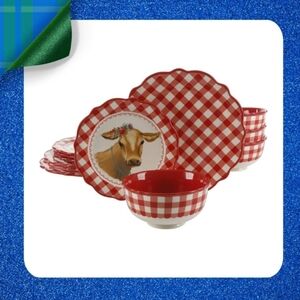 ❤️ New Pioneer Woman Red Gingham 12-Piece Dinnerware Set